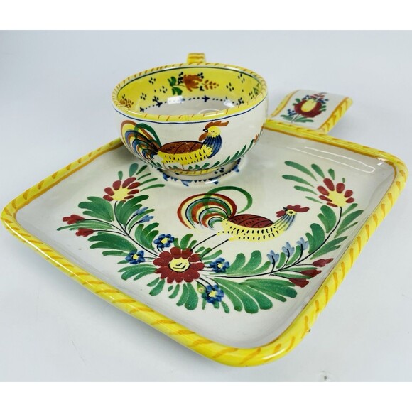 Italy Pottery Majolica Snack Set Tray Cup Galletto Rooster Design Terracotta VTG - Picture 1 of 16